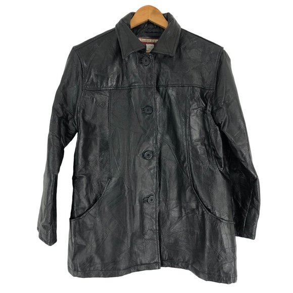 Tudor Court VTG Womens Large Black Genuine Leather Patchwork Button Front Jacket - Picture 1 of 8